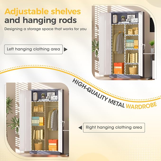 Greenvelly Metal Storage Wardrobe Cabinet with Lock, 72" White Grey Metal Wardrobe Closet for Hanging Clothes with Doors and Shelves, Modern Clothes Closet for Home, Office and Bedroom, School,Gym