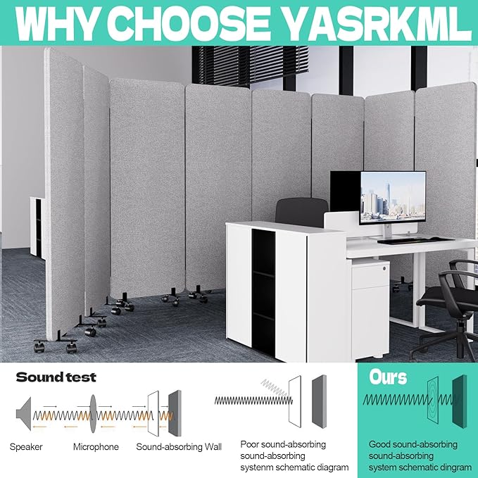 Soundproof Room Divider W/Wheels, 66in Office Dividers for Sound Proofing & Reducing, Sound Proof Dividers for Office Partitions Portable Temporary Wall Acoustic Wall Divider (Dark Grey, 4 Panel)