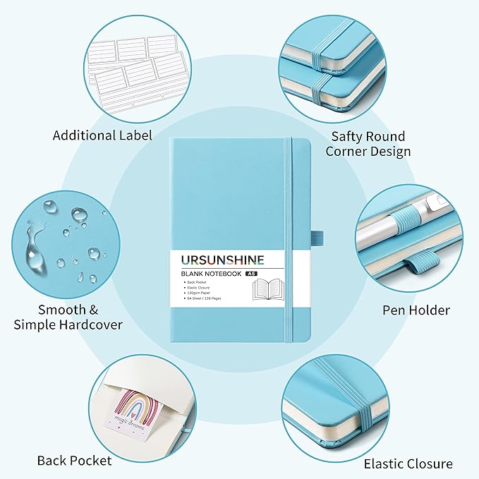 Blank Journal/Notebook - Classic Notebook/Journal with Ribbon Divider, Hardcover with Thick Paper, 5.3'' x 8.26'', Banded + Pen Holder +Inner Pocket - Light Blue
