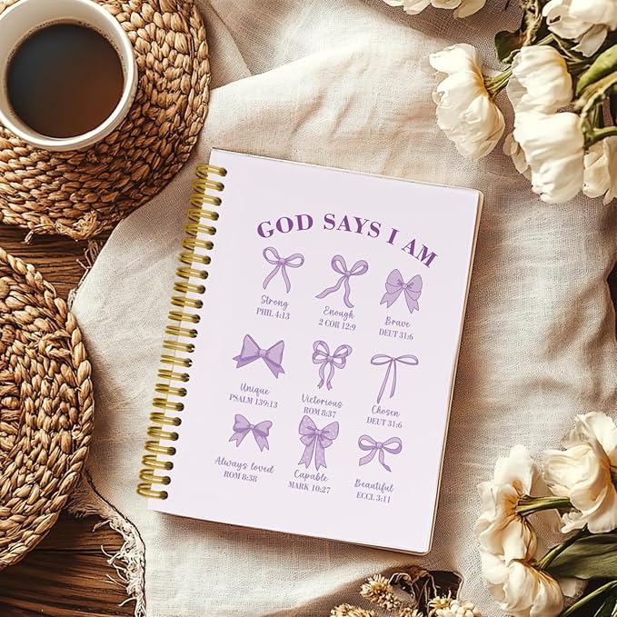 Coquette Purple Bows Bible Notebook,Aesthetic Composition Notebook, God Says I Am Christian Scripture Prayer Journal for Women, Hardcover Spiral Notebooks College Ruled 5.5 x 8.3 （Purple