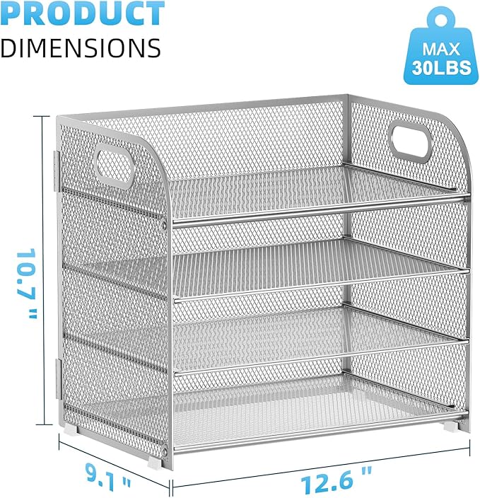 Marbrasse 4 Tier Paper Organizer Letter Tray - Mesh Desk File Organizer with Handle, Paper Sorter Organizer for Letter/A4 Office File Folder Holder (Silver, 12.6" x 9.1" x 10.7")