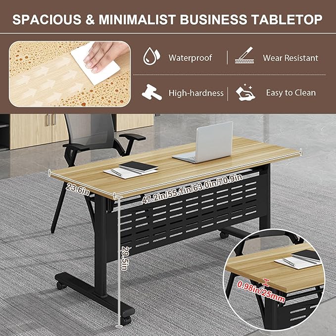 Folding Conference Room Table, Modern Conference Tables with Wheels, Large Rectangular Mobile Training Tables for Office Classroom, Foldable Modular Boardroom Seminar Table Maple (6pack L47.2in)