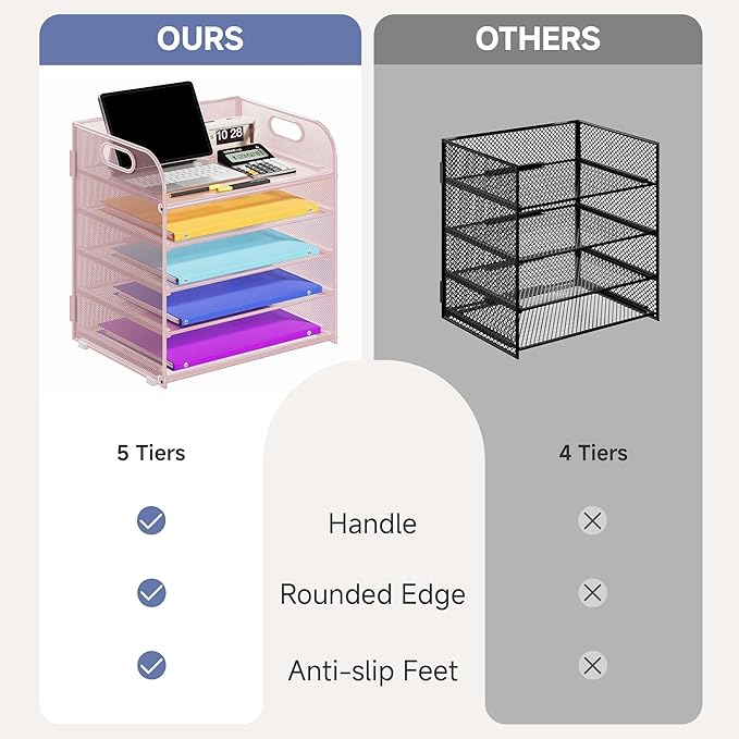 5 Tier Paper Organizer with Handle, Metal Mesh Desk Organizer File Folder Organizer Paper Letter Tray Desktop Document Sorter for Classroom, School, Office Organization and Storage - Pink