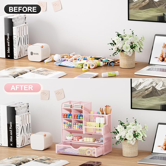 Marbrasse Mesh Desk Organizer with Drawer, Multi-Functional Pencil Organizer, 12 Compartments, Pink, Modern, Minimalist