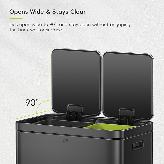 EKO Edison 8+8 Gallon Dual Trash Can for Recycling and Trash, Stainless Steel Kitchen Step Can with Dual Removable Inner Bucket, Independent Lids and Pedals, Black