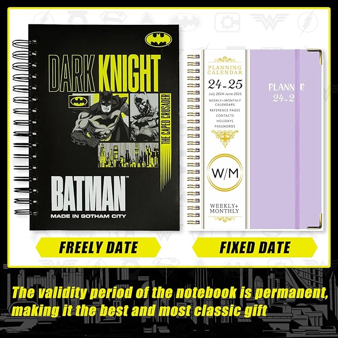 Super Hero Academic Planner, Weekly Monthly Daily Agenda, Custom Date Organizer for Time Management, Spiral Bound Notebook with Colorful Tabs,Datebooks for Student, Adult(Black Gold)