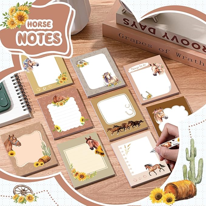 Sabary 9 Pads Sticky Notes 3.15 x 3.94 Inches Cute Self Sticky Note Pads Colored Adhesive Notepad for Memo Reminder Journal Studying Office Home Gift(Horse)