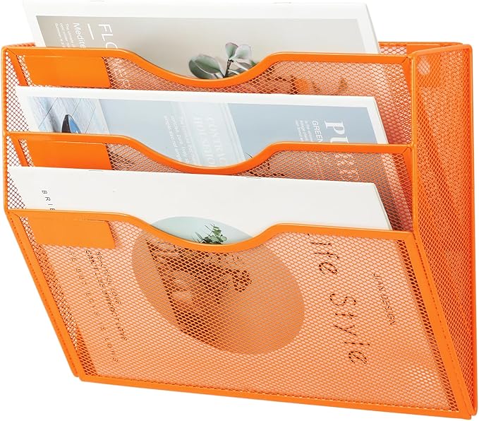 EASEPRES 3 Pocket Mesh Hanging Wall File Organizer, Wall Mounted Mail Paper Document Folder Holder, Clipboard Storage Organization Magazine Rack with Nametag Label for Office Home School, Orange