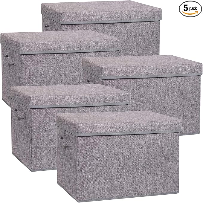 5 Pack Large Foldable Storage Box with Lids Fabric Storage Cube Organizer Cloth Containers Bins Baskets for Closet Clothes Clothing Bed Room