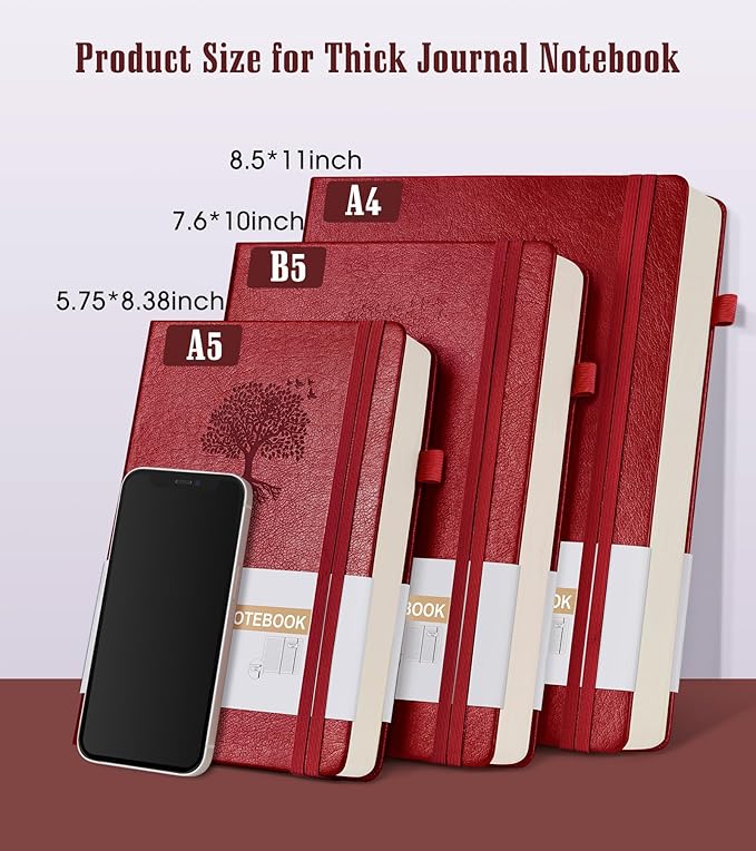 Lined Journal Notebook, 365 Pages B5 Large Journals for Writing College Ruled Notebook, Hardcover Leather Journal for Women Men, Daily Notebook for Work, Note Taking, 100Gsm Paper (7.6'' X 10'' Wine)