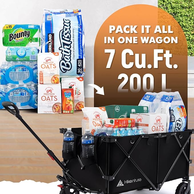 Hikenture Collapsible Wagon 330LBS Capacity, 200L Extra Large Wagons Carts Foldable, Heavy Duty Folding Wagon with All-Terrain Wheels, Utility Beach Wagon for Outdoor Garden