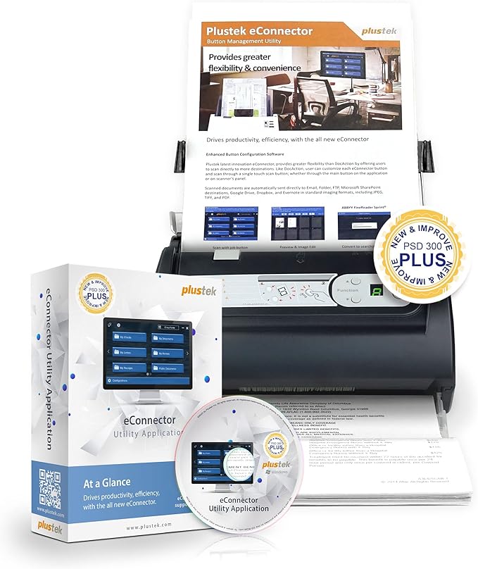 Plustek PSD300 Plus Document Scanner with ADF, Directly scan to Cloud, SharePoint, Office 365 and Built-in Barcode Recognition Function