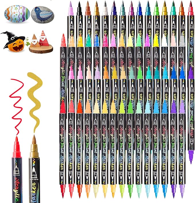 60 Colors Acrylic Paint Pens,Dual Tip Acrylic Markers with Fine Tip and Brush Tip,Acrylic Paint Markers for Rock Painting,Fabric,Crafts,Wood,Glass,Canvas,Plastic,Scrapbook,Art Supplies