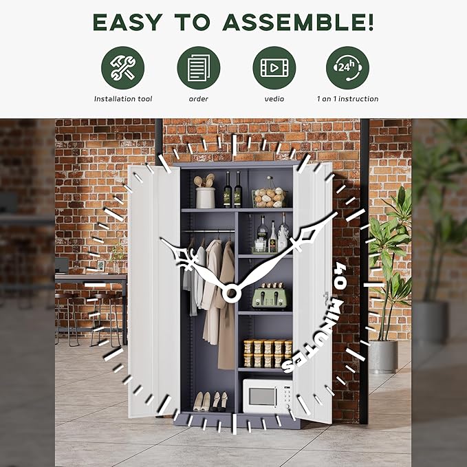 Greenvelly Metal Wardrobe Cabinet with Lock Door, 72" Metal Wardrobe Closet Cabinet with Hanging Rods and Adjustable Shelves, Steel Storage Locker Closet for Home, Office, Employee, Gym (White Grey)