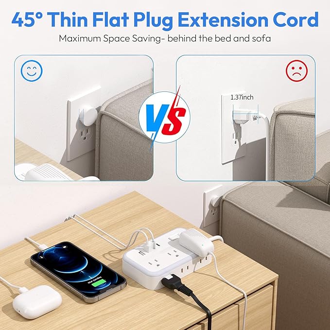 Extension Cord 15 ft, Surge Protector Power Strip with 6 Outlets 4 USB Charger(2 USB C Port), Flat Plug Outlet Extender Long Cord, Protection for Indoor, Home, Office Supplies, Dorm Room Essentials