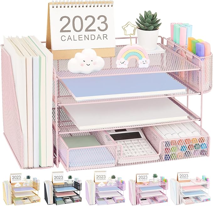 Desk Organizers and Accessories, Desk Accessories & Workspace Organizers for Office Supplies, File Organizer Desk Drawer Organizer with 2 Pen Holders, 4 Tier Paper Organizer for Desk(Rose Pink)