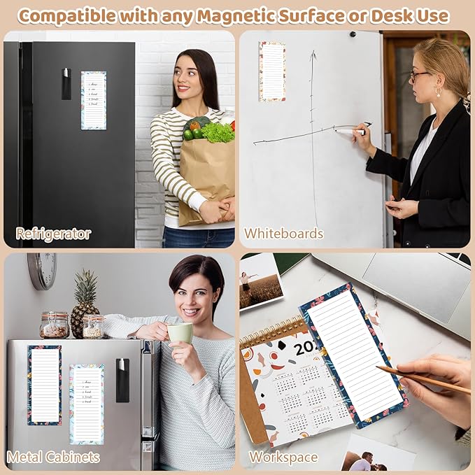 4 Pack Magnetic Note Pad for Fridge with Pen Holder, Totally 200 Sheets Magnetic To Do List, Shopping List, Grocery List, Memo Pads for Refrigerator（Flower Design）