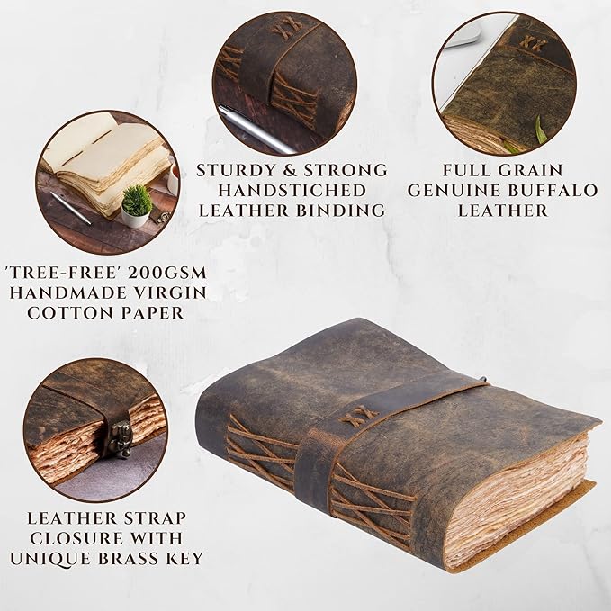 LEATHER VILLAGE Leather Bound Vintage Journal for Women & Men - Book of Shadows - Lock Closure - 200 Pages of Antique Deckle Edges Handmade Paper - Rustic Brown Color - 13 X 8 (A4) inches