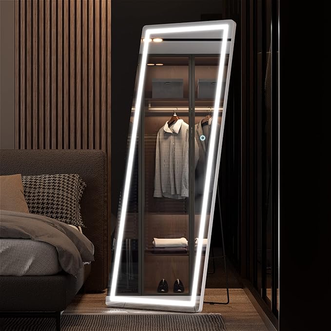 Hasipu Full Length Mirror with Lights, 65" x 22" LED Floor Mirror, Full Body Dressing Standing, Hanging Mounted Mirror for Living Room Bedroom Cloakroom, Round White