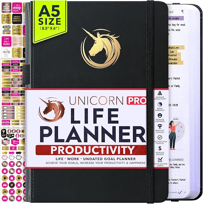 Life Planner - Undated Daily, Weekly & Monthly Planner with Budget Section | A 12 Month Journey to Increase Productivity & Happiness | Life Organizer & Gratitude Journal - Horizontal Format