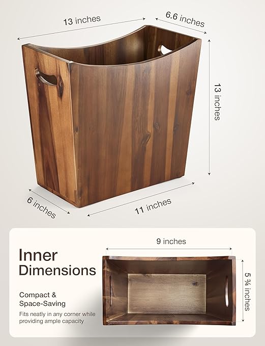 3 Gallons Rectangular Wastebaskets - Acacia Wood Waste Basket with Handles - Small Trash Can for Bathroom - Brown Garbage Bin for Spa Bathroom Decorative, Kitchen Counter, Living Room (Walnut)