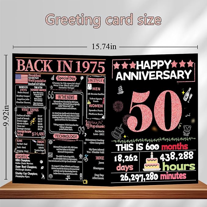 Joycard 50th Anniversary Card for Women, Gold Wedding Card for Wife, Sweet Marriage Decorations Gifts for Couple, Perfect for Her on Anniversary Day, Back in 1975