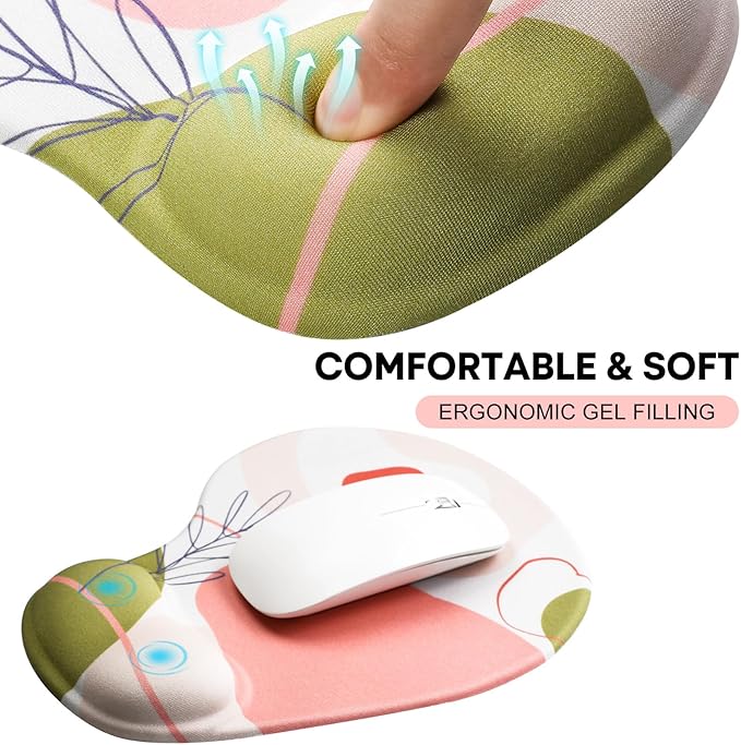 JIKIOU Mouse Pad, 2 Pack Ergonomic Mouse Pads with Comfortable Gel Wrist Rest Support and Lycra Cloth, Non-Slip PU Base for Easy Typing Pain Relief Durable and Easy to Clean Small Rose