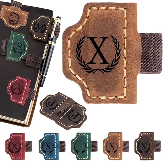 Personalized Magnetic Leather Bookmark with Pen Holder - 26 Letters Custom Book Mark with Name Initial Engraved Book Marker for Readers, Book Lovers, Travelers - Gift for Women & Men(Light Brown，X