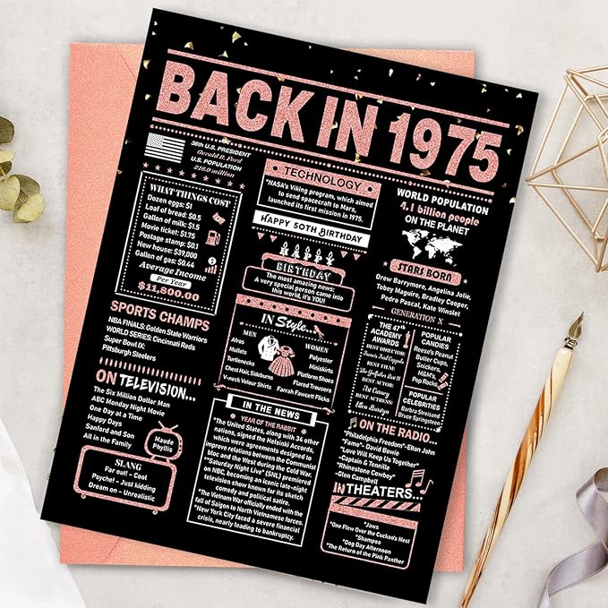 50th Birthday Card, 50th Birthday Gifts for Women, 50th Birthday Decorations for Her, Back in 1975 Birthday Card, Rose Gold