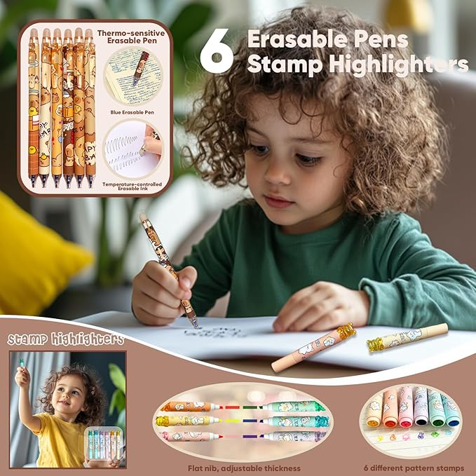 Capybara Stationery Gifts Set for Kids,28 Pcs Kawaii School Supplies Kit with Pencil Case,Notebooks,Erasable Pens,Stickers-Cute Back to School,Easter,Birthday & Christmas Gift Box