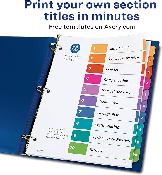 Avery 10 Tab Dividers for 3 Ring Binders, Customizable Table of Contents, Multicolor Tabs, 1 Set (11135)