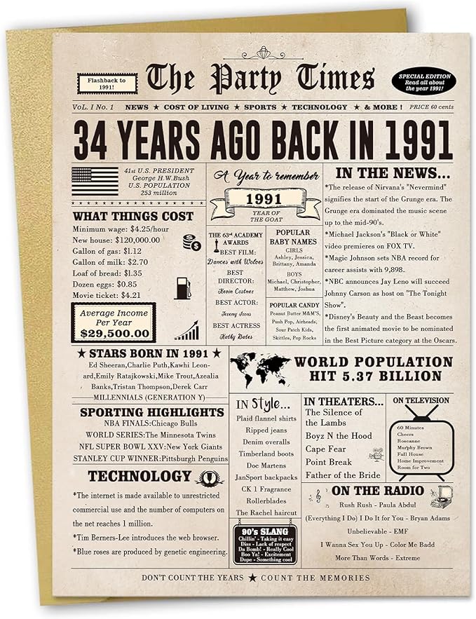 34th Birthday Card Gifts for Men Women, Large 34 Bday Gift Cards for Husband Wife, Happy 34 Year Old Birthday Decorations for Her Him