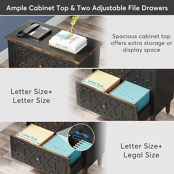 LITTLE TREE 2-Drawer File Cabinet, Lateral Filing Cabinet for A4/Letter/Legal Size, Office Storage Cabinet, Printer Stand with Storage Drawer for Home Office, Black