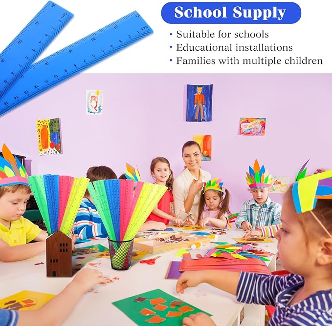 Zonon 50 Pcs 6 Inch/12 Inch Plastic Rulers Bulk Flexible Straight Rulers with Inches Centimeters First Day of School Gift Students Back to School Office Home Supplies(Colorful,12 Inch)