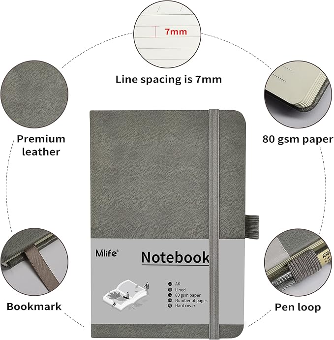 Mlife A6 Small Journal Notebook, Lined Pocket Notebook with Pen Holder, Mini Notebook Hardcover, 192 Pages, 3.9 inches * 5.5 inches Jurnal for Women and Man (3Pack Grey)