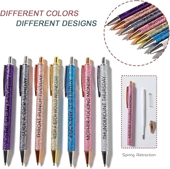 7pcs funny pens for adults, Seven Days of The Week Pen Describing Mentality,Glitter Ballpoint Pens,Black Ink Medium Point 1.0 mm Gift Pens, Cute Pens Office Supplies for Women