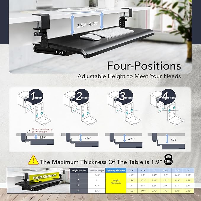 EHO Keyboard Tray with Drawer - Clamp On Under Desk Pull Out Extender Table Attachment Platform with Storage Organizer, Large 27.5" (31.8" Including Clamps) x 12.2", Height Adjustable for Home Office