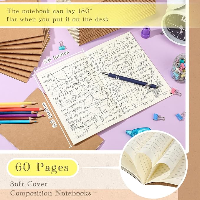 Handepo 100 Pack A5 Kraft Notebooks 60 Pages Ruled Lined Journals Notebooks Soft Cover Kraft Composition Notepad Travel Diary Journals Memo for Girls, Students, Office, School Supplies (Kraft Color)