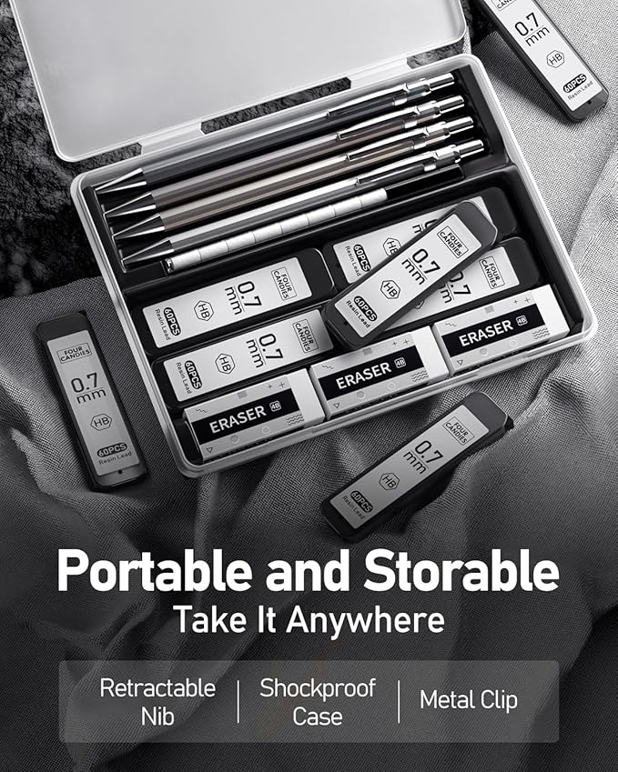 Four Candies 0.7mm Mechanical Pencil Set with Case - 4PCS Metal Mechanical Pencils, 8 Tubes HB #2 Lead Refills, 3PCS 4B Erasers and 9PCS Eraser Refills, Lead Mechanical Pencils for Writing & Drawing