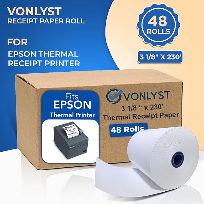 3 1/8 x 230 Thermal Paper Receipt Roll for Epson Printer (Pack 48 rolls)