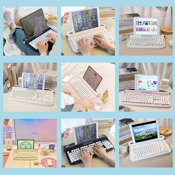 YUNZII ACTTO B303 Wireless Typewriter Keyboard, Bluetooth Connection, Cute Retro Aesthetic Design with Integrated Stand for Tablet, Phone, PC and Win/Mac/Android (B303, Midnight)