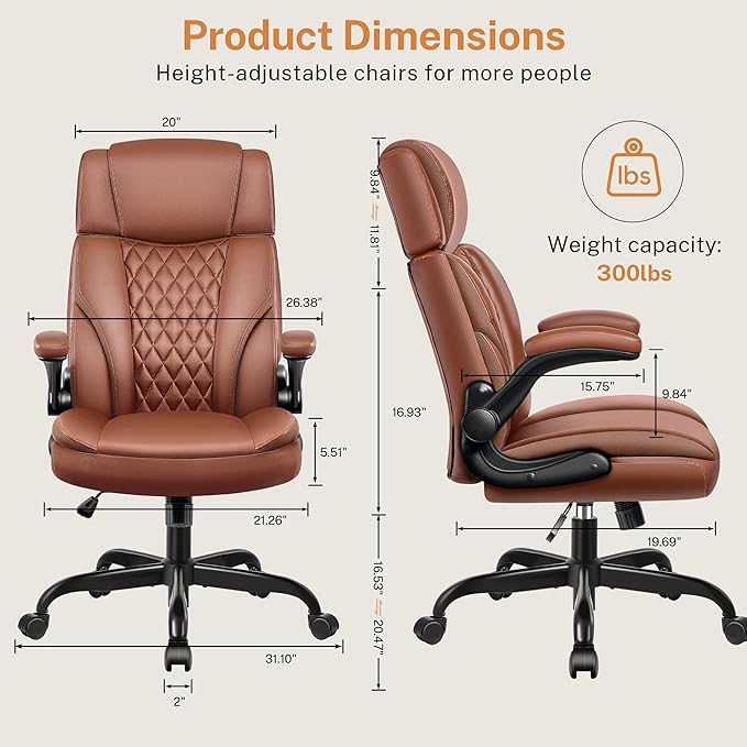 Office Chair Flip Up Arms, Executive Leather Office Chair Ergonomic Desk Chair with Lumbar Support, Adjustable Headrest, Computer Chair Home Office Desk Chair with Rocking Function