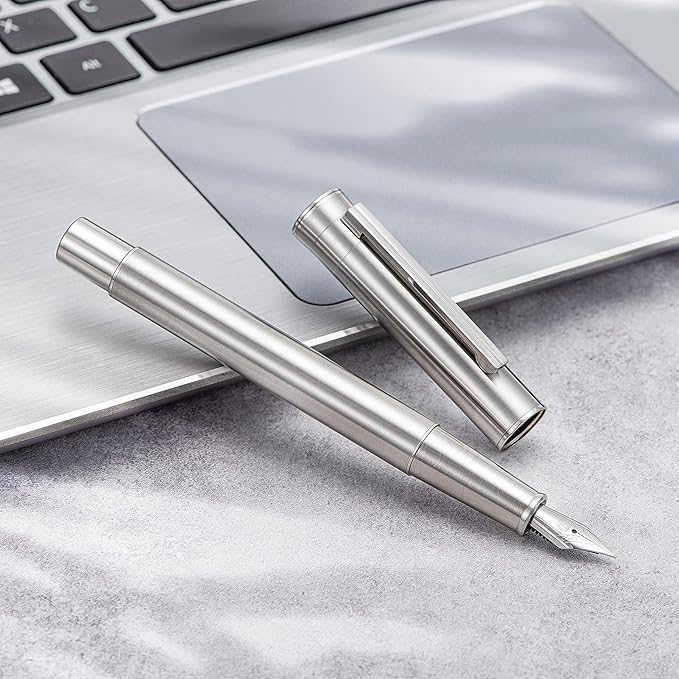 Hongdian 1861 Stainless Steel Fountain Pen Fine Nib, Classic Design Smooth Writing Pen with Converter and Metal Pen Case Set