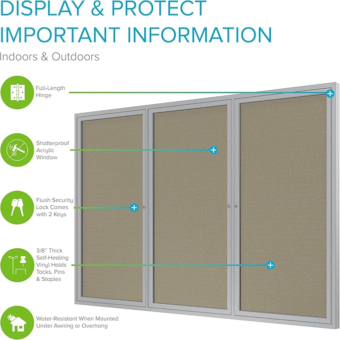 Ghent 36" x 72" 3-Door Outdoor Enclosed Bulletin Board with Lock, Vinyl Material, Shatter Resistant Acrylic Panels, Made in the USA, Satin Aluminum Frame - Caramel
