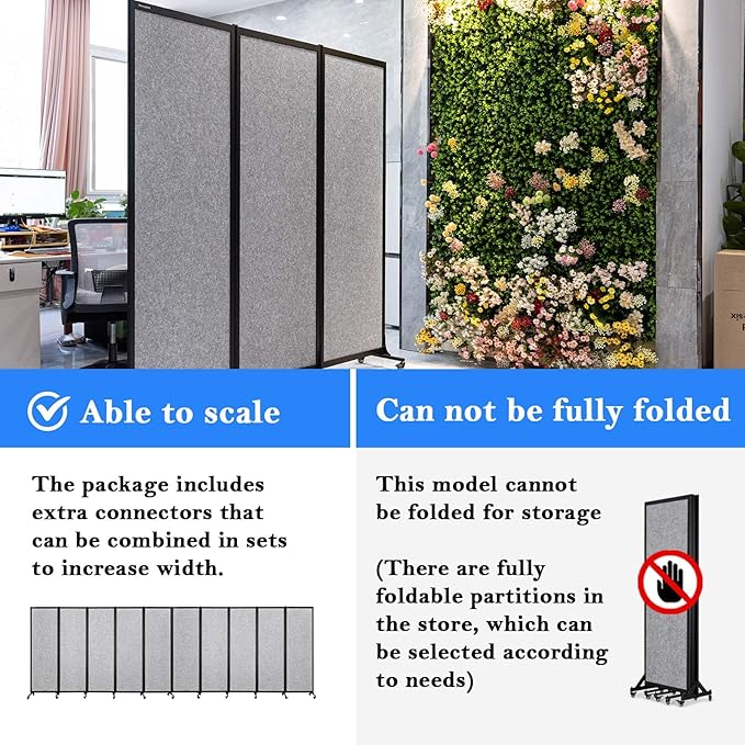 Upgrade Version Room Partition and Divider, Freestanding Rolling Dividers with Wheels,Office Privacy Screen Divider Wall,Classroom Felt Dividers,6'L* 6'7"H,3 Panel,Light Grey