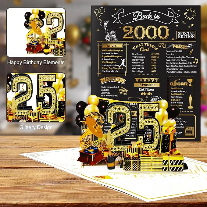 25th Birthday Card for Men Women, 3D Pop Up 25th Birthday Gifts Cards for Him Her, Back In 2000 Funny 25 Year Old Birthday Decorations