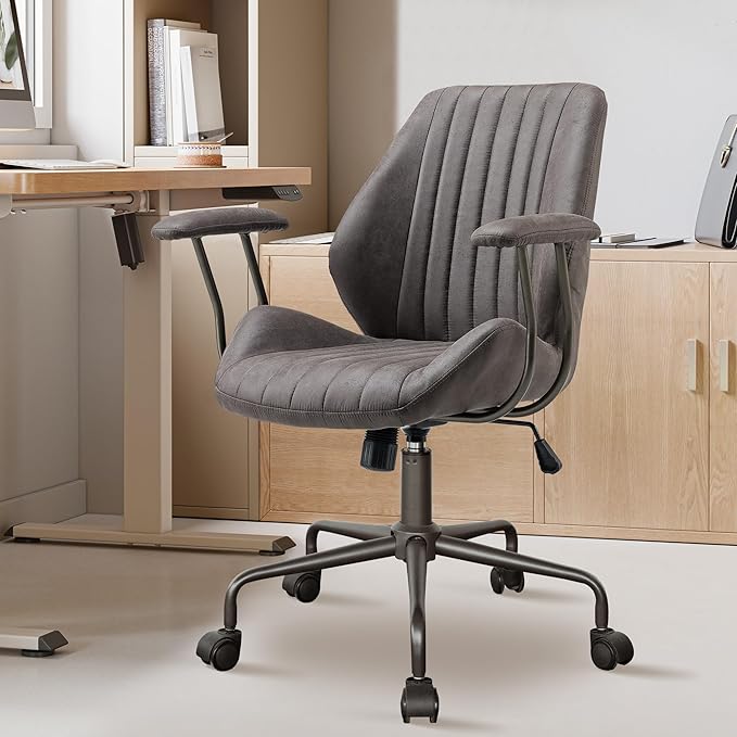 Mid Century Modren Office Chair - Mid Back Swivel Executive Chair with Lumbar Support,Ergonomic Computer Desk Chair with Wheels,Faux Lether Suede Task Chair,350lbs (Grey, Mid Back)