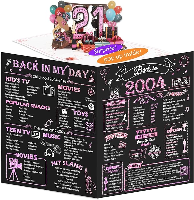 21st Birthday Card for Girls Her, Jumbo 3D Pop Up 21st Birthday Gifts, Back In 2004 Happy 21 Year Old Birthday Decorations Cards Card for Daughter Granddaughter, Rose Gold