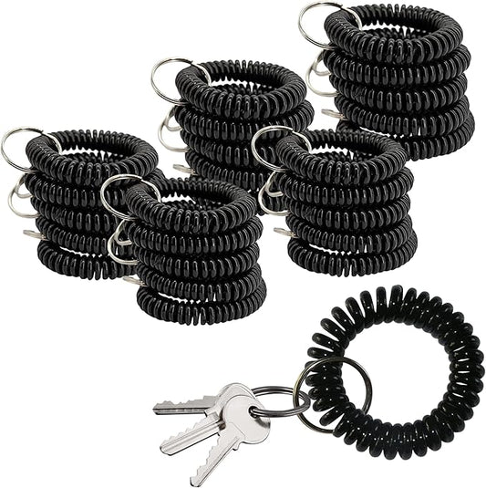 25PCS Keychain Wristlet Wrist Keychain Wristband Elastic Stretchable Spiral Bracelet Key Hook Key Holder for Gym Pool Spring Spiral Coil Black