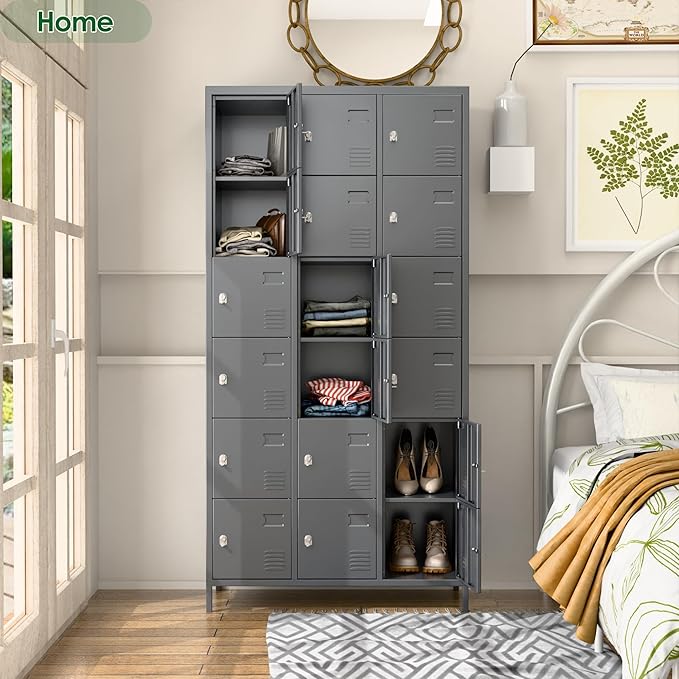 Metal Lockers for Employees with 18 Door,Metal Storage Locker with Lock for School Garage Gym Office Home Bedroom,Assembly Required,18 Doors Dark Grey